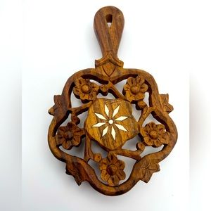 Vintage Hand-carved Wood Trivet w/ Flowers and Leaves